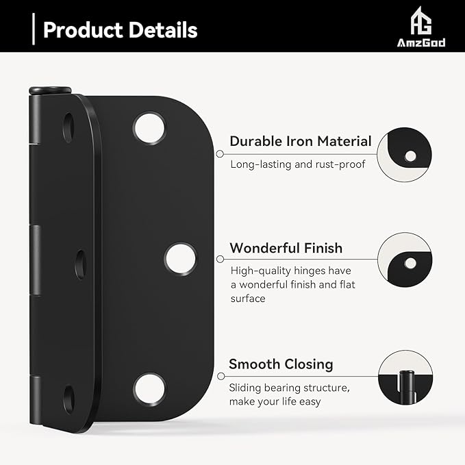 Door Hinges Matte Black - 108 Pack Black Door Hinges 3.5 Inch Rounded Interior Door Hinge with 5/8" Radius Corners - Black Hinges for Doors 3 1/2 Inches Flat Iron Residential Door Hardware