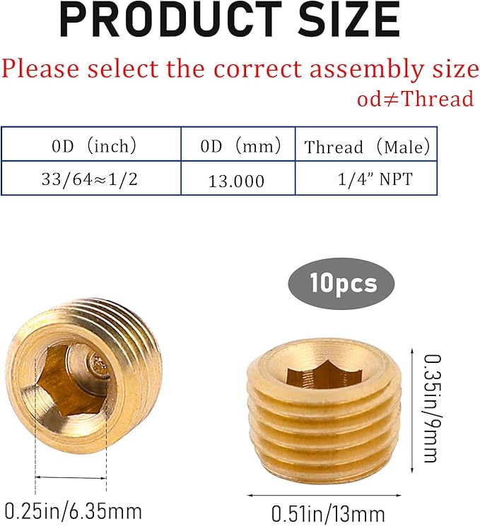 10 PCS 1/4" NPT Male Pipe Plug Fitting Set Brass Hex Counter Sunk Plugs for Closing the End of Pipe, Internal Hex Socket Thread Plug Kit