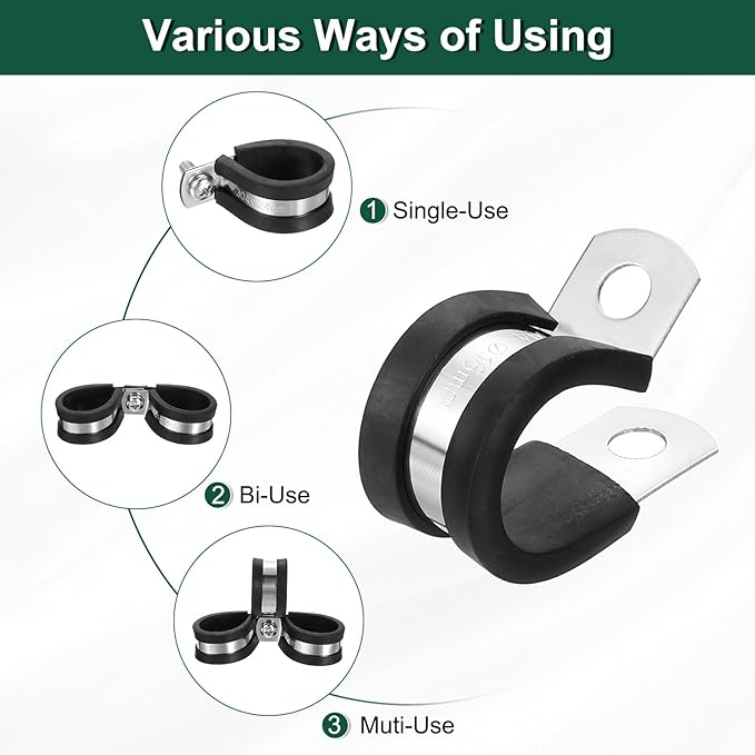 uxcell 5/8"(16mm) Cable Clamp, 304 Stainless Steel Rubber Cushioned Insulated Clamp R Shape Metal Clamp Tube Holder for Pipe Hose Wire Cord Installation 14Pcs