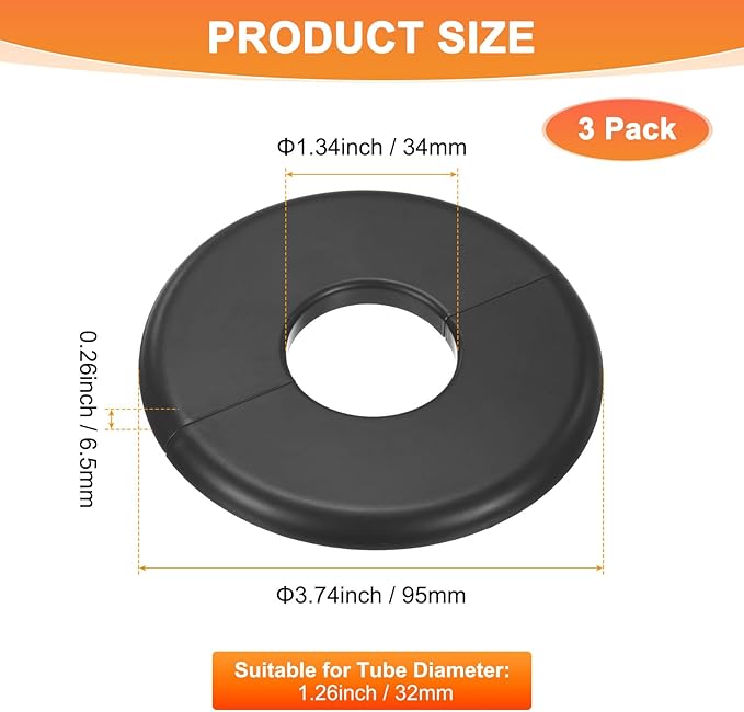 3-Pack Wall Split Flange, ABS Round Self-Adhesive Escutcheon Plate Cover Buckle for 32mm/1.26 in Dia Pipe Accessories/Floor/Ceiling, Plumbing Cover Plates [Black,6.5mm/0.26in H]