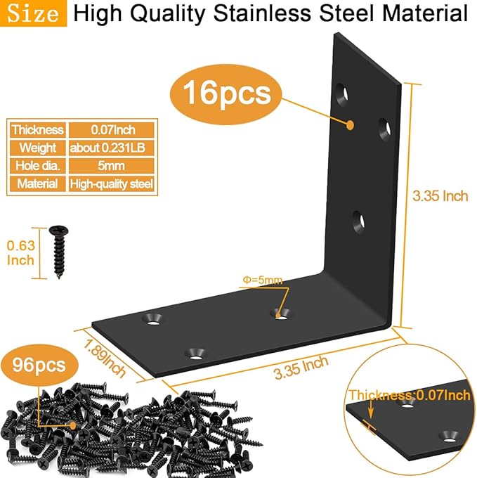 AYSUM 16 Pack 3.3" x 3.3" Stainless Steel Corner Bracket, Heavy Duty L Bracket, Shelf Brackets Joint Angle Bracket for Shelves, Furniture Cabinet Bookshelf with Screws