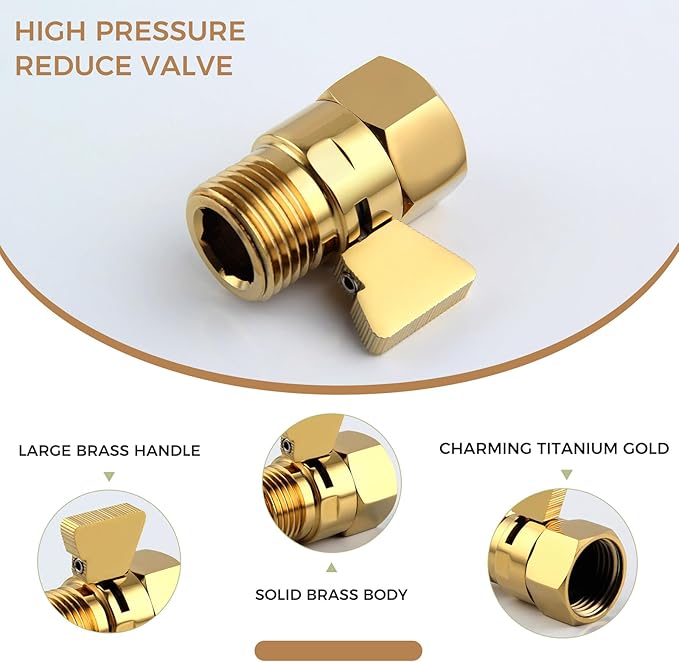 Shower Flow Control Valve, Brass Water Restrictor for Shower Head, Titanium Gold