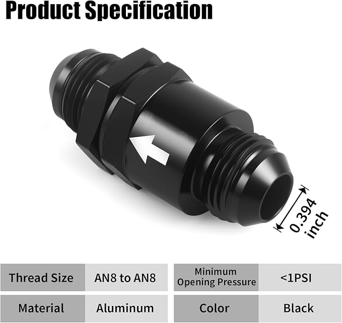 AN8 One Way Non Return Check Valve 8AN to AN8 Male Flare Inline Fitting Aluminum Black 2PCS