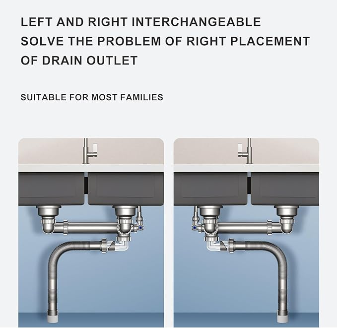 Double Sink Drain Kit Space Saving Kitchen Sink Drain Kit Expandable Flexible 1 1/2" P-Trap Pipe Comes with 4-Way Fitting Adapter For Water Filter and Dishwasher