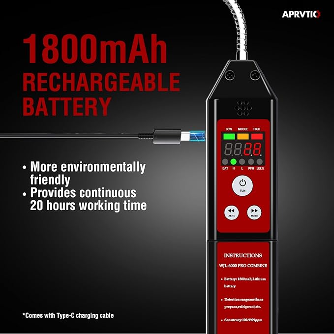 Gas Leak Detector, Aprvtio WJL-6000PRO Combustible Natural Gas Leak Detector with Audible & Visual Alarm, 1800mAh Rechargeable Battery, PPM LEL% Diaplay for Natural Gas Propane Methane