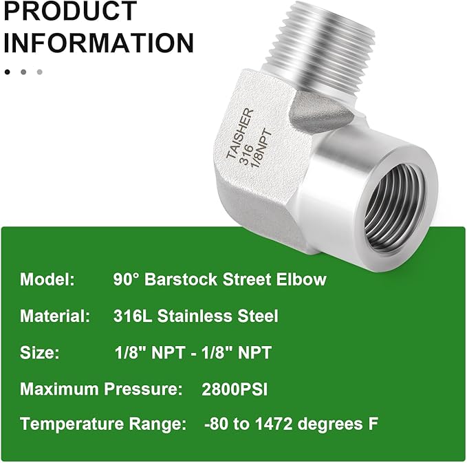 TAISHER 2PCS 316L Stainless Steel 90 Degree Barstock Street Elbow, 1/8" NPT Male to 1/8" NPT Female 316L Stainless Pipe Fitting