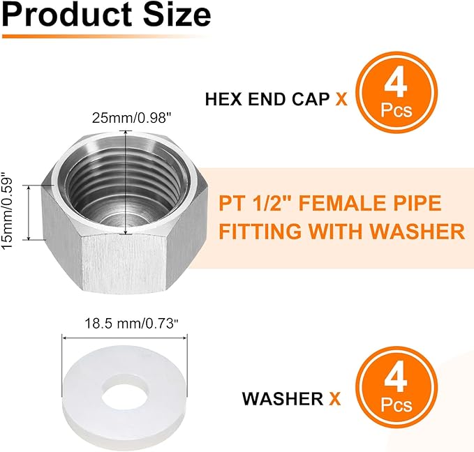 uxcell 2pcs Hex End Cap 304 Stainless Steel Nut with Washer, PT 1/2" Female Thread Pipe Fitting, Gas Line Water Line Stop Valve Cap Tubing Ends for Plumbing Fittings, Silver Tone