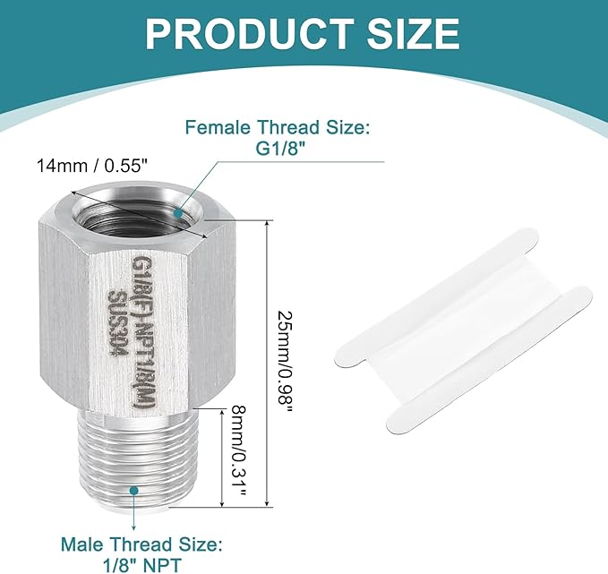 uxcell Pipe Fitting Reducing Adapter, 1/8" NPT Male x G1/8" Female 304 Stainless Steel Reducer Connector for Water Oil Air Pressure Gauge, Silver