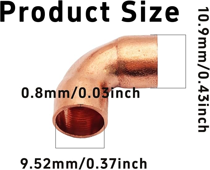 6Pcs 3/8 Inch ID 0.8mm Thick Pure Copper 90 Degree Elbow, Short Radius Pipe Fitting with Sweat Solder Connection for Plumbing HVAC Refrigeration System