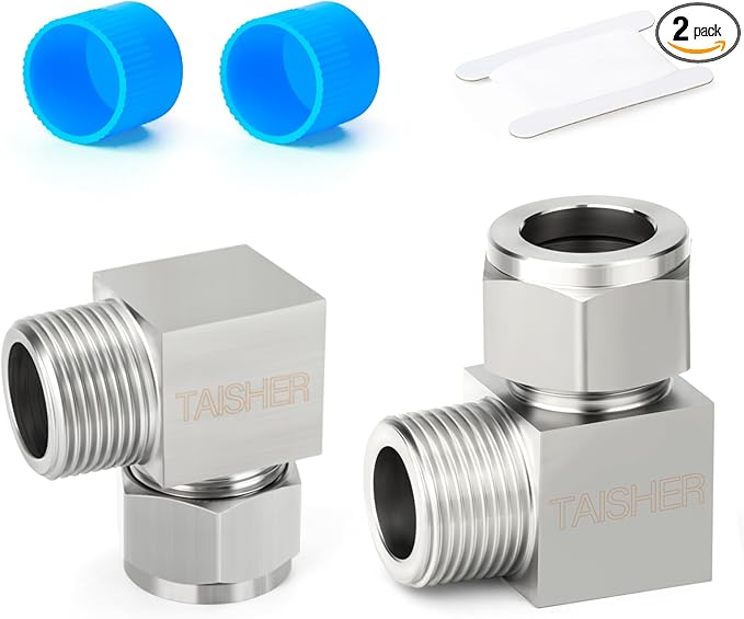 TAISHER 2PCS 304 Stainless Steel Square 90 Degree Compression Tube Pipe Fitting Connector, 3/8" Tube OD x 3/8" NPT Male Adapter