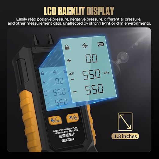 Manometer, Dual-Port Manometer HVAC Gas Pressure Tester with 7 Adapters, 6 Units Switch, Data Hold & Backlit Display Screen, -100 to 200 kPa, Portable Design, PT503