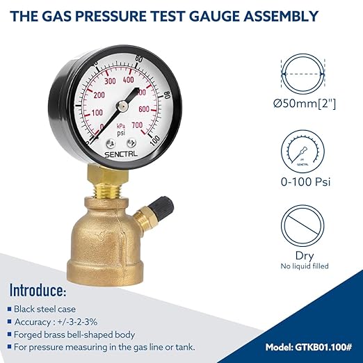 SENCTRL 0-100 Psi Gas Pressure Test Gauge, 2" Dial Size, 3/4" FNPT Connection, Brass Valve, Forged Brass Bell Shape Body Assembly
