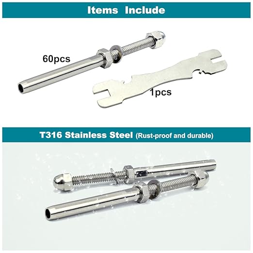 3/16 T316 Stainless Steel Stud Tensioner Cable Railing Hardware 60pcs，for Wood & Metal Posts Cable Railing System Kit