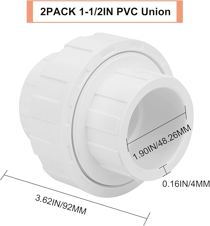 2Pcs 1-1/2" PVC Union Coupling Pipe Fitting (Socket x Socket) 1.5Inch PVC Slip Union PVC Adapter Coupling Schedule 40, EPDM O-Ring, White