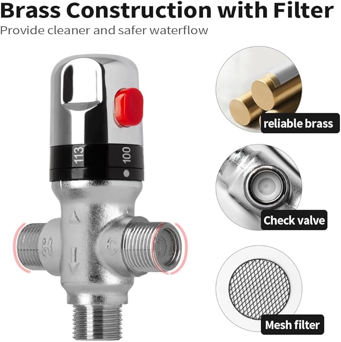 WiseWater 3/4 NPT Thermostatic Mixing Valve, Chrome Plated Brass 3-way Constant Temperature Control, Fahrenheit Scale Mark for Bathroom Faucet and Shower Water