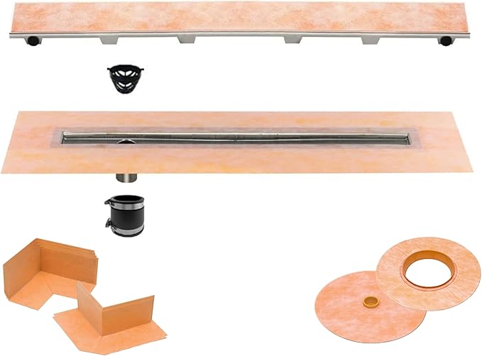 All-in-one Waterproof Linear Shower Drain Kit with 40 Inch Off-set Outlet Channel Body (KL1VO60E100) and Drain Grate Assembly (Cover) in Tileable Design(KL1DROE100)