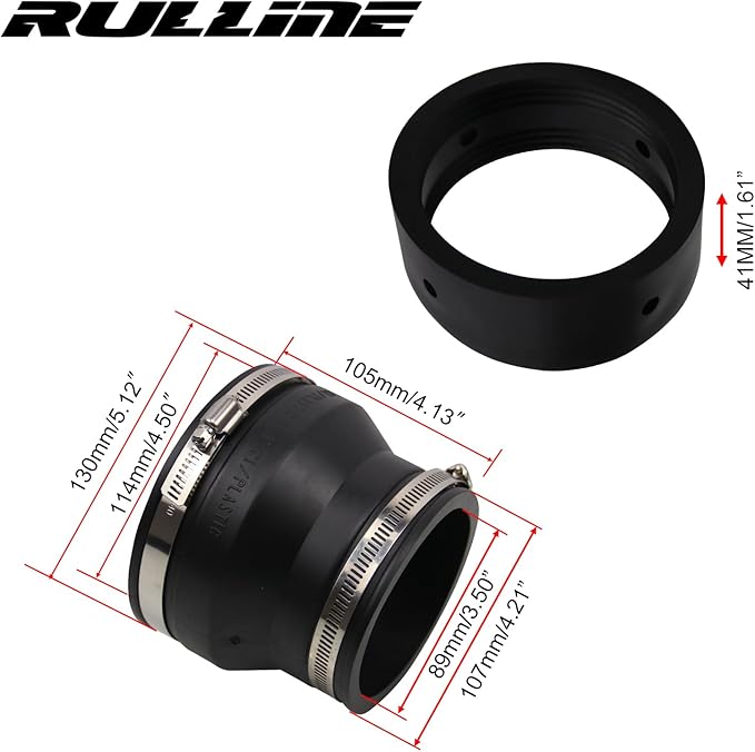RULLINE 4" to 3" Black PVC Reducer Coupler & Gate Valve Bushing with 2pcs Clamps RV Plumbing Fittings PVC Pipe Coupler Adapter RV Sewer Connection