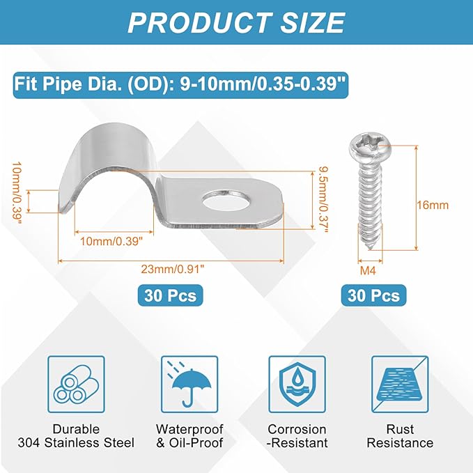 uxcell 30Pcs 9-10mm(3/8") One Hole Rigid Pipe Strap, 304 Stainless Steel Conduit Clamp Thicken U Bracket Heavy Duty Pipe Clamp with Self-Tapping Screws for Fixing Tube Cable, Silver
