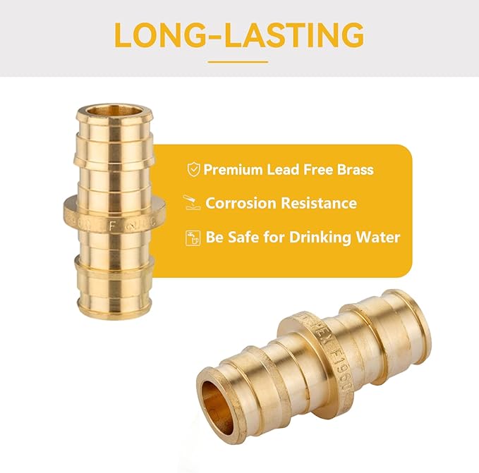 PEX A Expansion Fitting,1/2 Inch F1960 Expansion Brass Coupling,10 Pack 1/2"x 1/2" Straight Coupling for PEX A Pipe Tubing Connection(PEX1960008)