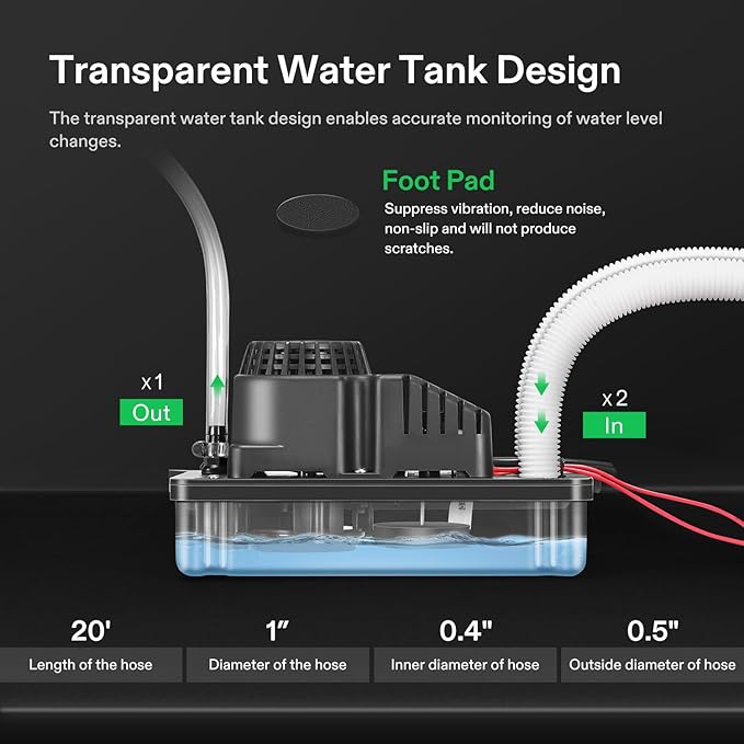 VIVOSUN Automatic Condensate Removal Pump with Transparent Base, 115 Volts/60Hz, 80GPH, 1/30 HP, Safety Switch and Tubing for Air Conditioners, Dehumidifiers, Ice Machines, and Furnaces