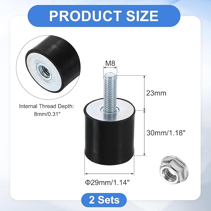uxcell M8 Rubber Mounts, 2Pcs 29x30mm(DxH) Rubber Cylindrical Anti Vibration Isolator Shock Absorber with Lock Nut for Car Bobbin Generator Air Compressors