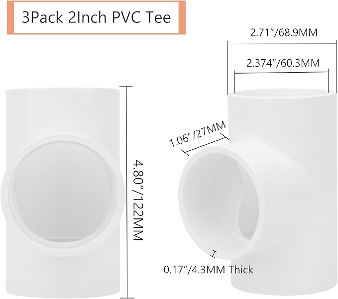 3Pack 3 Way 2" PVC Tee Pipe Fittings Adapter (Socket x Socket x Socket) Furniture Grade SCH40 2 Inch PVC Elbow Pipe Connector for DIY PVC Shelf Garden Support Structure Storage Frame
