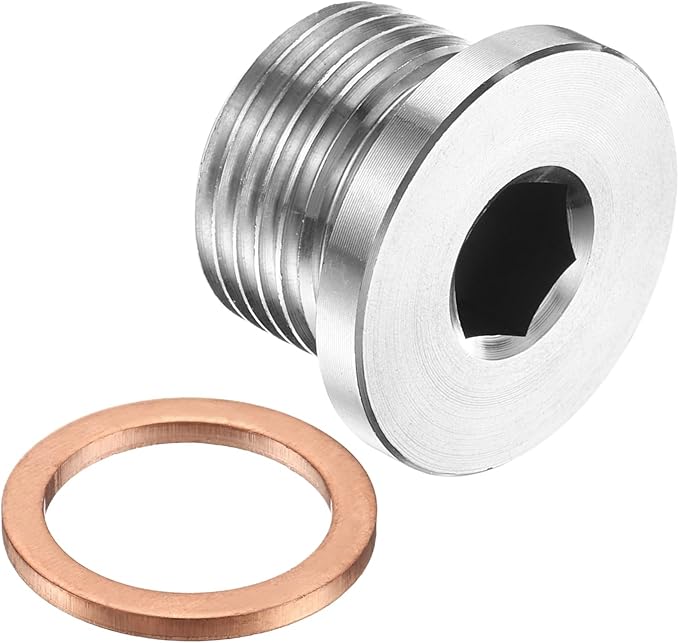 PATIKIL M16 x 1.5 Metric Pipe Plug Fitting, 304 Stainless Steel Internal Hex Head Socket Pipe Cap Adapter Connector with Copper Washer for Sealing Oil Gas Water