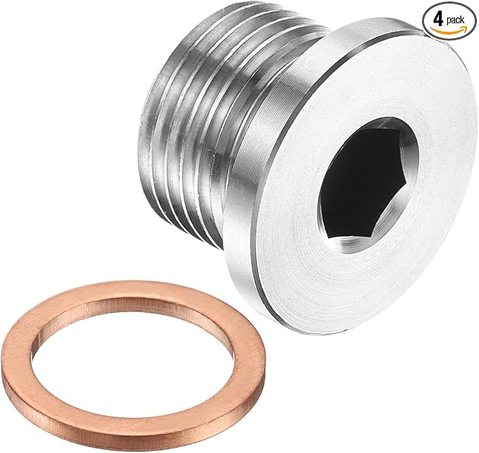 PATIKIL 4 Pcs M16 x 1.5 Metric Pipe Plug Fitting, 304 Stainless Steel Internal Hex Head Socket Pipe Cap Adapter Connector with Copper Washer for Sealing Oil Gas Water