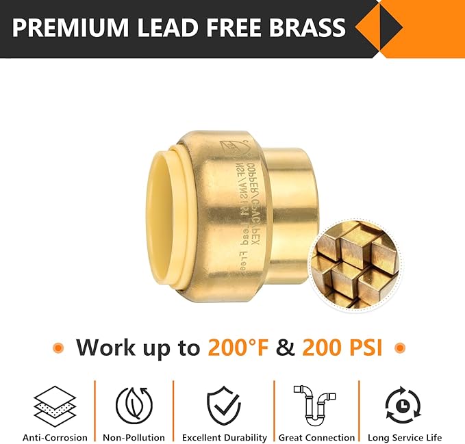 HeSun 100-Pack Pushfit Plug (End Cap), 1-Inch Push to Connect Plumbing Fittings with Disconnect Clip, Brass Push-fit Fittings for PEX, Copper, CPVC, PE-RT Pipes