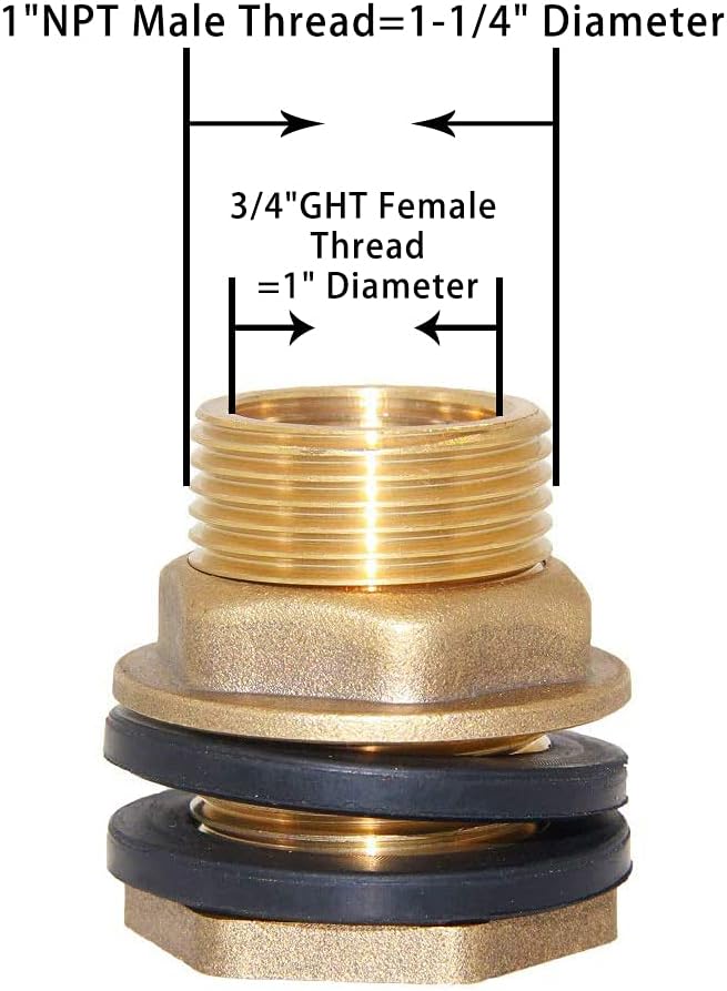 Joywayus 2PCS 3/4" GHT Female 1" Male Soild Brass Water Tank Connector Bulkhead Tank Fitting with 2 Rubber Ring Stablizing
