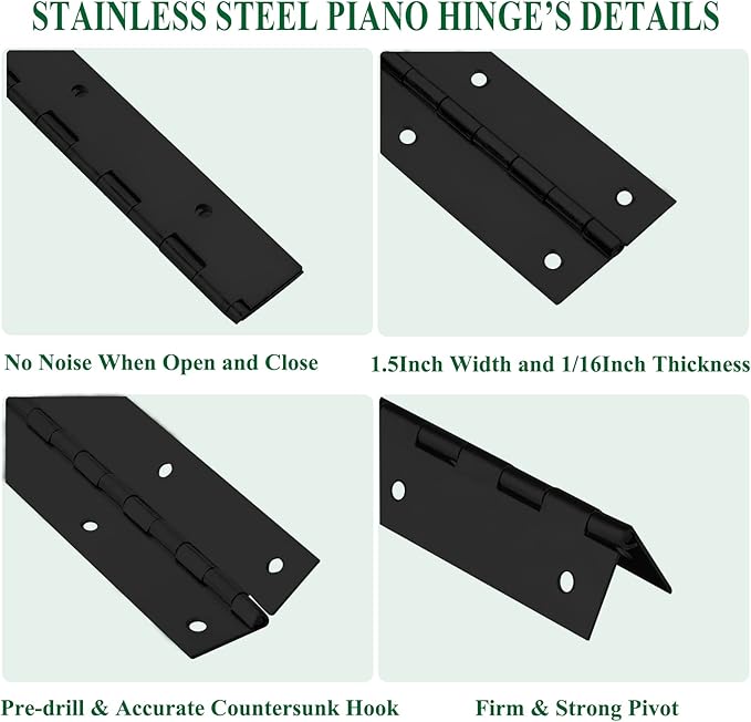 2Pack Heavy Duty Piano Hinge, 2" Open Width x 18" Continuous & Piano Hinges, 0.06” Thick Stainless Steel Piano Hinge with Holes, Black Stainless Furniture Hinges for Cabinet Door Cases Woodworking