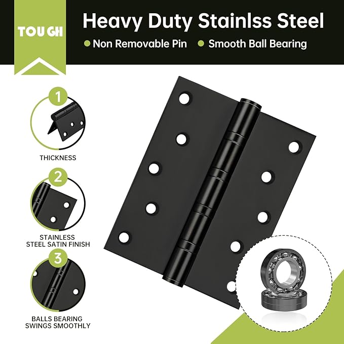 5" Ball Bearing Door Hinges 6 Pack, Heavy Duty Stainless Steel Hinge 5 x 4 Inch for Interior Exterior Doors, with Stainless Steel Screws, Matte Black