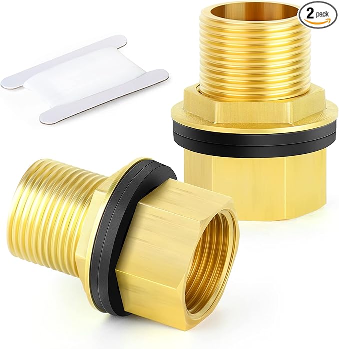 GASHER 2PCS Brass 1" Female 1" Male Bulkhead Tank Connector Adapter Fitting with Rubber Ring