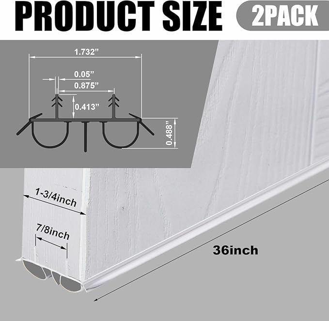 2 Pcs 36" Double Bubble Kerf Door Sweep 1-3/4" Wide Vinyl Weatherstrip Seal for Exterior Doors, Energy Efficient Draft Stopper, Easy Slide in Installation, Blocks Dust/insects/noise (White)