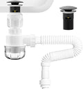 BOTEMY 1 1/2" Bathroom Sink Drain Kit with Flexible Drain P-Trap - No Tool Installation, Anti-Odor White Sink Drain Pipe Kit for Bathroom, Black Pop Up Stopper &Strainer Hair Catcher(with Overflow)