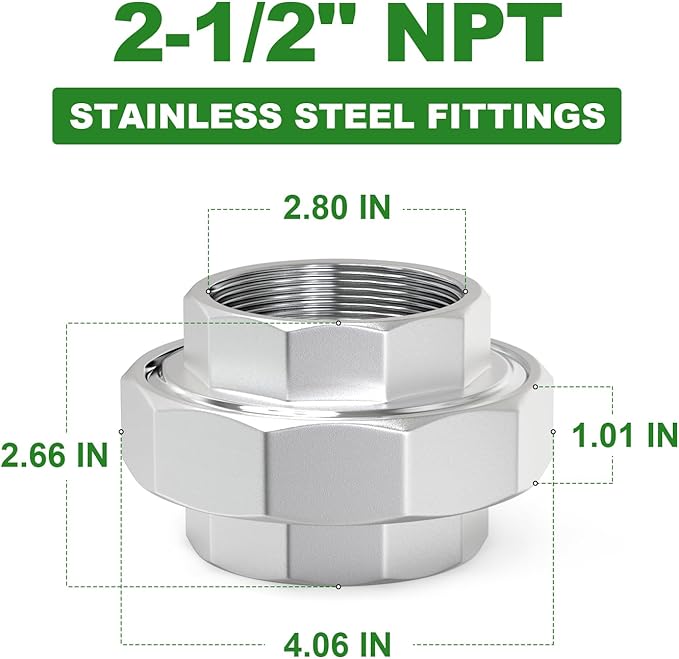 TAISHER 1PCS 304 Stainless Steel Union，2-1/2" NPT Female Cast Pipe Fitting