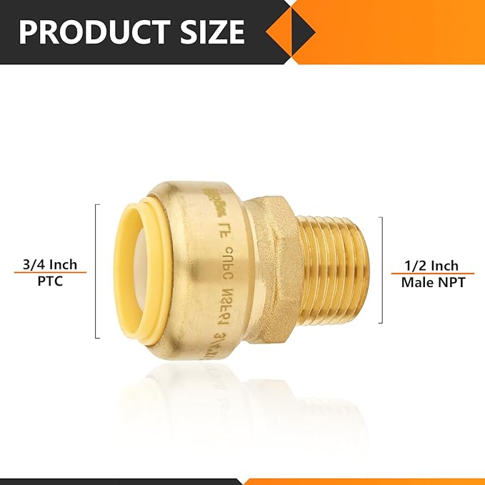 20-Pack HeSun Pushfit Male Adapter, 1/2" MNPT x 3/4" Push to Connect Plumbing Fittings with Disconnect Clip, Brass Push-fit Fittings for PEX, Copper, CPVC, PE-RT Pipes(PF132-20)