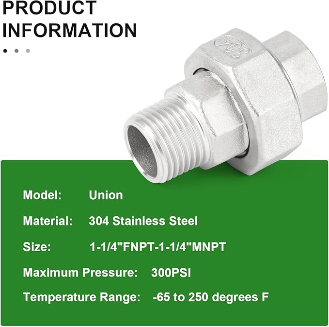 TAISHER 2PCS 304 Stainless Steel Union，1-1/4" NPT Male x 1-1/4" NPT Female Cast Pipe Fitting