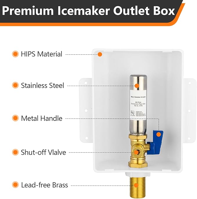 HeSun Sweat Ice Maker Outlet Box,Inlet 1/2 Inch MIP x Outlet 1/4 Inch OD Compression Connection,with Stainless Steel Water Hammer Arrestor