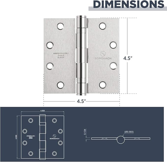 304 Stainless Steel 4.5 Inch Commercial Hinges Brushed Satin Nickel Ball Bearing Doors Hinges Square Corners Interior and Exterior Door Hinges- 3 Pack