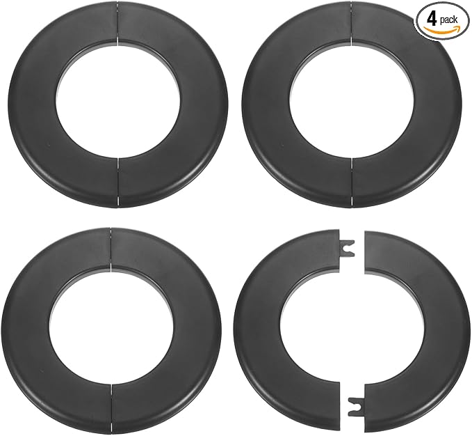 HARFINGTON 4pcs Wall Split Flange 78mm/3.1" Self-Adhesive Plumbing Cover Plates ABS Plastic Round Escutcheon Plate Buckle Design for Water Pipe Bathroom Kitchen Decoration, Black