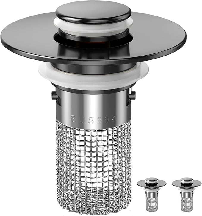 Sink Stopper Hair Catcher, Pop-up Sink Drain Strainer with Removable Stainless Steel Strainer Basket Hair Catcher, Bathroom Sink Strainer for Bathroom Sink Stopper Replacement (2pcs)