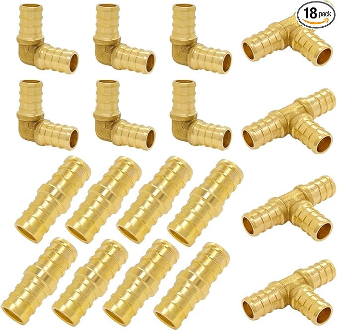 Hooshing 18PCS PEX Fittings Combo 1/2 inch, PEX Coupling (8PCS) 90 Degree Elbow (6PCS) Tee (4PCS) Brass Barb Crimp Fitting