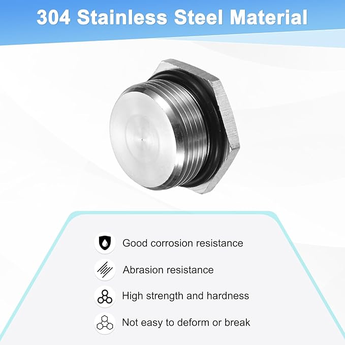 1-Pack Outer Hex Head Thread Pipe Plug Fitting, M24x1.5mm Male 304 Stainless Steel Solid Thread Bung Plug with Sealing Ring for Terminating Pipe Ends
