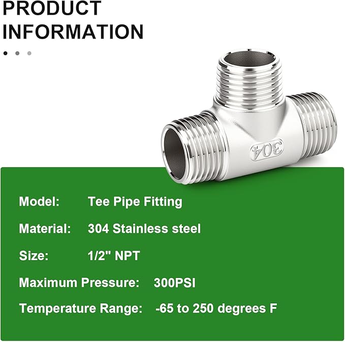 TAISHER 2PCS 304 Stainless Steel Tee Pipe Fittings, 1/2" x 1/2" x 1/2" NPT Male Pipe Fittings