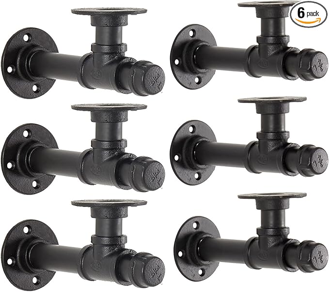 8.6 inch Pipe Shelf Bracket Industrial DIY L Pipe Wall Bracket for 8"-16" Wood Floating Shelf Vintage Look Rustic Home Pipe Decor 6 Packs, Included Accessories