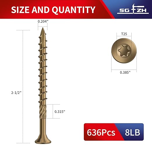 #10 x 2-1/2" Deck Screws (636Pcs) 8lb. Carbon Steel, Yellow, Flat Head, Rust Resistant epoxy Coated, with T25 Star Bit