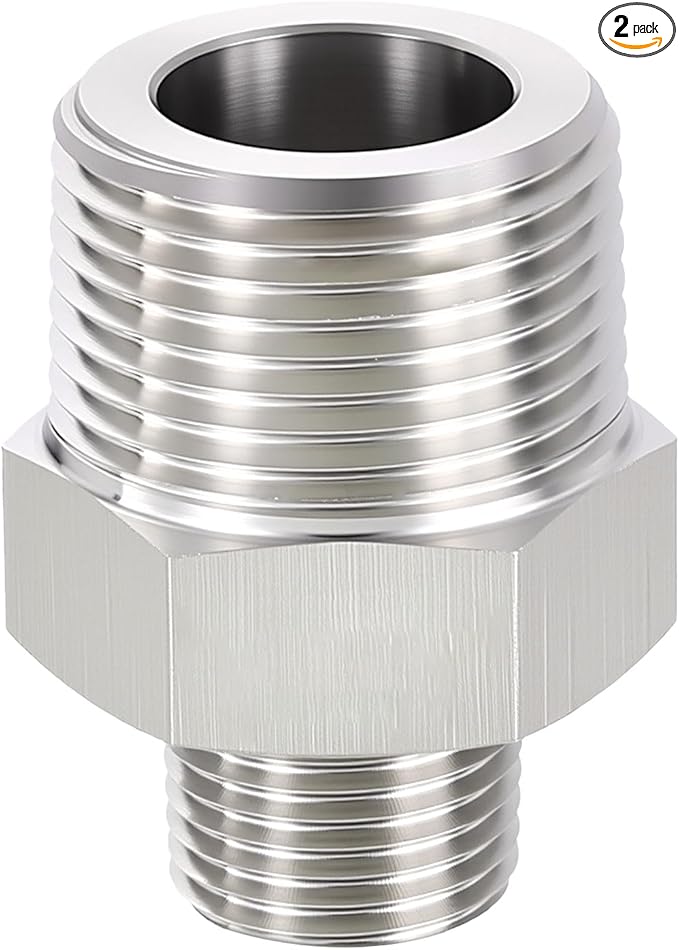 2 Pack 304 Stainless Steel Male to Male Adapter, 3/4" Male NPT x 1/4" Male NPT Hex Nipple Pipe Extension Fitting for Industrial, Automotive, Fluid Transfer, Home Gardening, Water