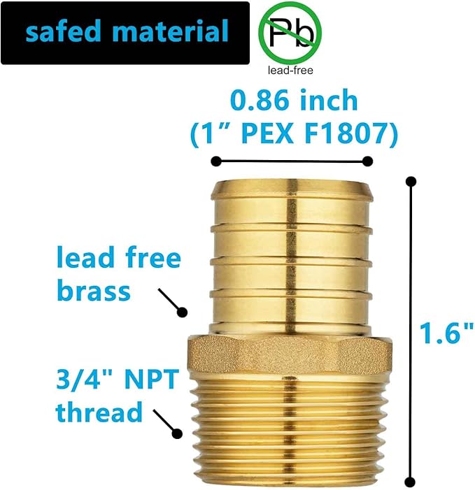 (10 Pack) Lidertik PEX Fittings Male NPT Adapter, 1" PEX F1807 to 3/4" NPT Male Threaded Adapter Brass
