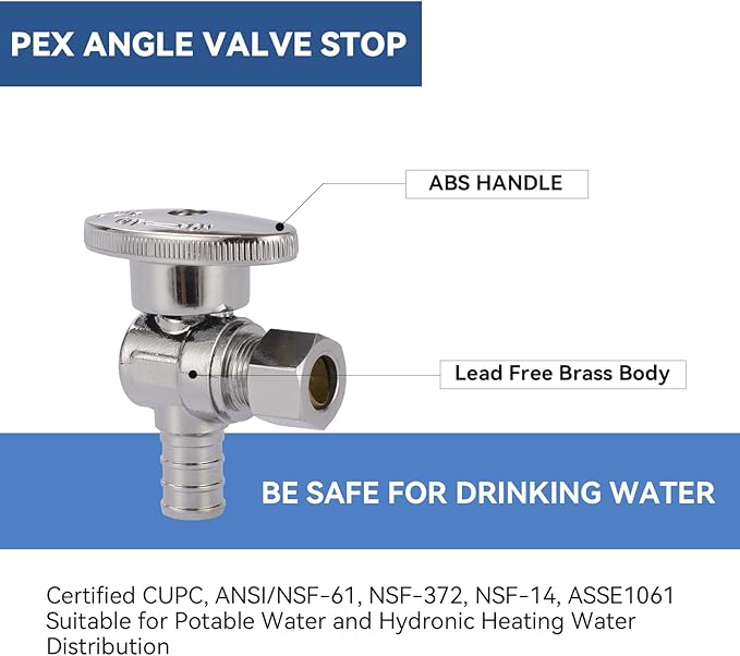 Angle Stop Valve,1/2 Inch Pex X 3/8 Inch OD Compression Angle Shut-off Valve with 1/4 Turn on/off (Pack of 20,ASTM F1807)(VALVE076-20Pack)